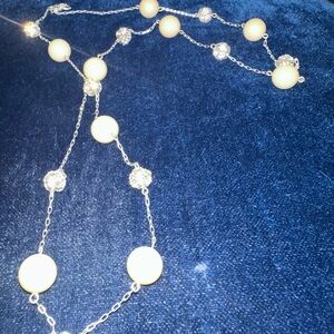 Carolee Faux Pearl & Crystal Station Necklace | Silver Tone | 18–20”